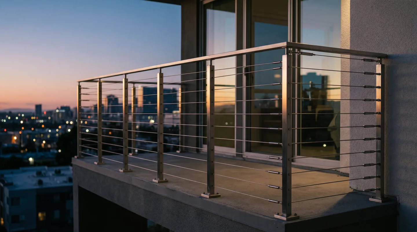 Cable railing on a deck that looks over downtown Nashville